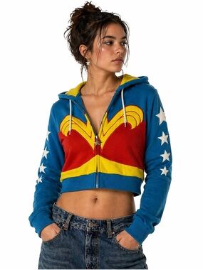 Dolls Kill x DC Wonder Woman Cropped Hoodie M Blue Zip Up Y2K Festival Cosplay